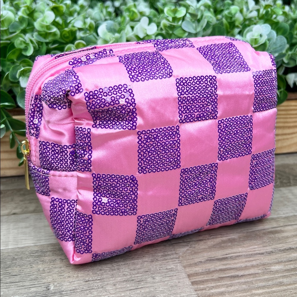 Ulta Beauty Pink and Purple Sequins Check Pattern Cosmetic Pouch Bag
